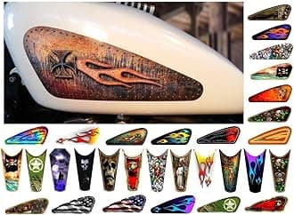 Motorcycle Gas Tank Decals/Sets - for Harley Davidson Sportster Honda Shadow Suzuki Kawasaki Indian Yamaha (Riveted Chopper Cross - Rusted - 2pc Side Tank Decals)