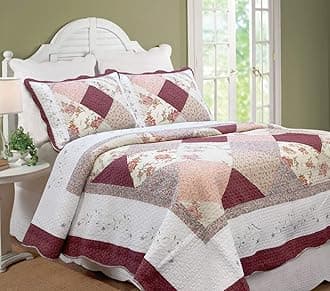 Floral Real Patchwork Burgundy Red Coral Pink Scalloped Edge Country 100% Cotton Quilt Bedding Set, Reversible Coverlet Bedspread (Georgia, King - 3 Piece)