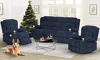 Loveseat Recliner Sofa Set, Flip Middle Backrest Design 3 Seater Reclining Sofa and 2PC Single Oversized Recliner Chair, Manual Couches for Living Room/RV (Blue, 3+1+1)