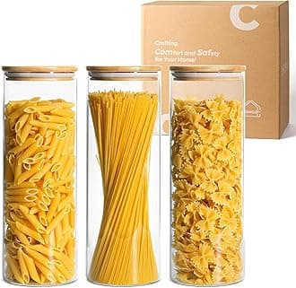Glass Spaghetti Pasta Storage Container with Lids 2 Qt Set of 3, Tall Clear Airtight Food Storage Jar with Wood Cover Kitchen Pantry Storage Container for Noodles Flour Cereal Coffee Beans