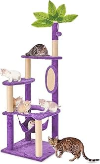 55" Cat Tree for with Green Leaves, Multi-Level Large Cat Tower with Hammock, Plush Cat House with Hang Ball Toy and Sisal Scratching Posts Furniture, Deep Purple