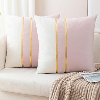 ZLINA Set of 2 Velvet Decorative Throw Pillow Covers Pink White Patchwork with Gold Leather Pillow Covers 24 × 24 Inch Cushion Covers Decor Living Room Sofa Bedroom Car