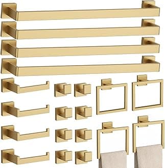 20-Piece Brushed Gold Bathroom Accessories Set – 23.6" Towel Bar, Towel Ring, Toilet Paper Holder & Hooks, Wall Mounted Bathroom Hardware, Rust & Corrosion-Resistant, Ideal for Modern Bathrooms
