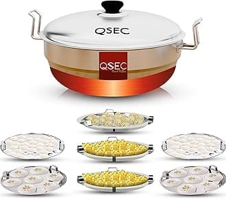 QSEC Stainless Steel Idli dhokla steamer | 7 plates | Idli maker stainless steel steamer with Copper Bottom All-in-One Big Size dhokla cooker | 5 Plates | 2 Idli | 2 Dhokla | 1 Patra | Momo steamer | 4 in 1 | Idli maker steamer - 285MM 100% Non toxin material