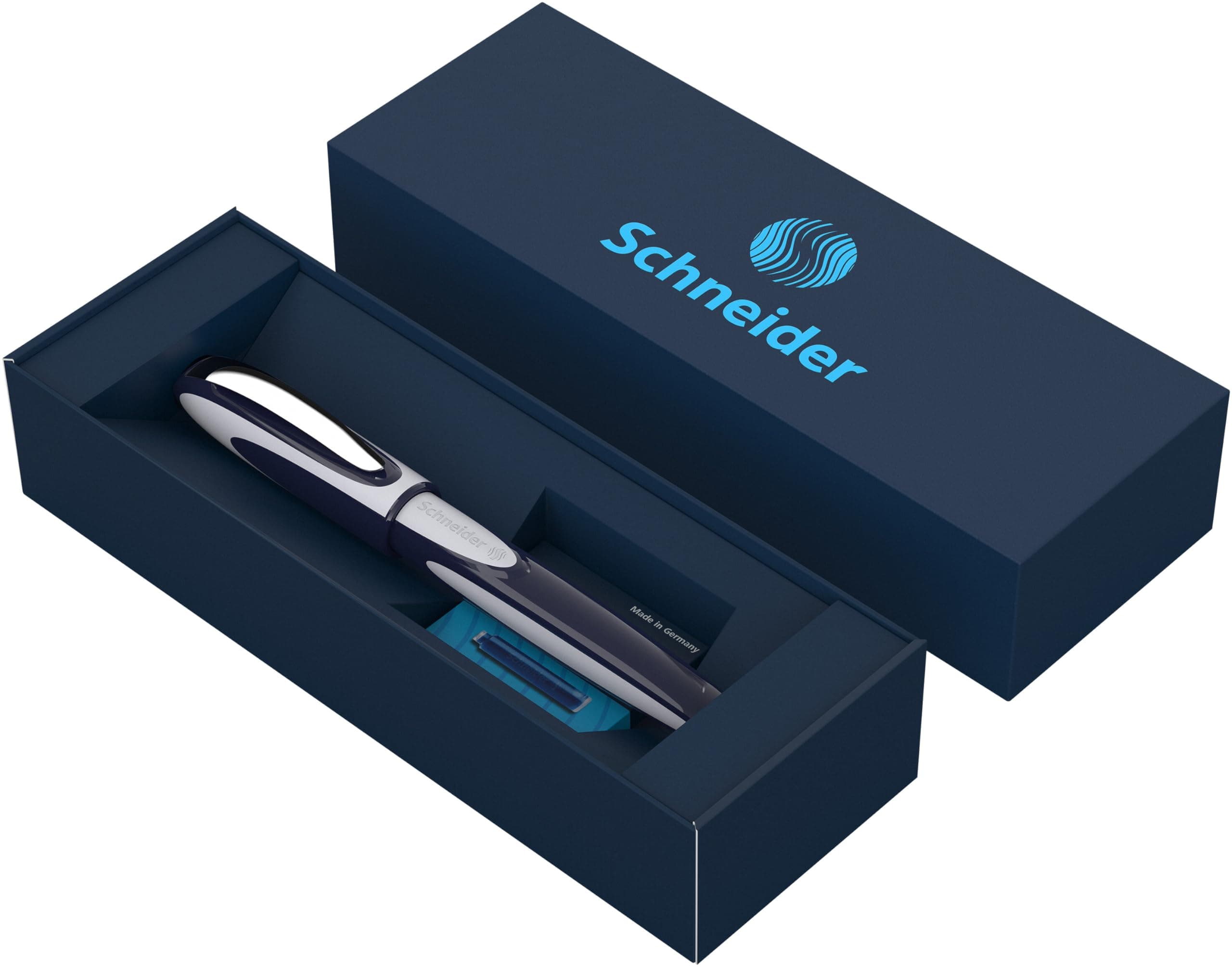 Schneider Ray Rollerball Pen Gift Set in Cardboard Case Including Standard Ink Cartridges Suitable for Right and Left Handed Users, Deep Blue/Light Grey