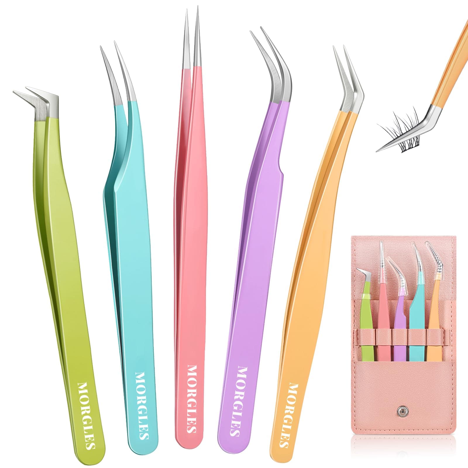 MORGLES High Precision Lash Tweezers Set for Eyelash Extensions, 5 in 1 Eyelash Extension Tweezers for Girls, Women, Professional Lash Extension Artists & Beginners