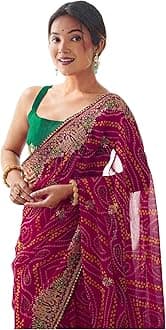 SIRIL Women's Georgette Bandhani Printed and Embroidery Lace Saree With Unstitched Blouse Piece