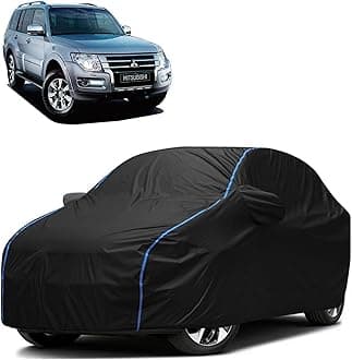 FAVY All Weather Resistant Car Body Cover Compatible with Mitsubishi Montero Scratch Proof, Anti-Dust, UV Protection with Windproof Buckle Strap and Mirror Pockets, Bottom Elastic Fitted-Black