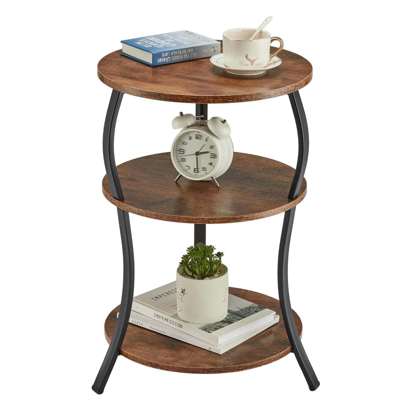 YEAKOO Vintage Round Side Table,3-Tier Waist Bedside Table with Storage Shelf 40x40x61CM End Table Round Sofa Side Table Small Corner Coffee Table Nightstand for Bedroom (Rustic Brown)