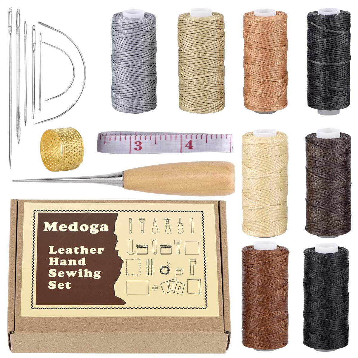 18pcs Waxed Thread with Hand Sewing Needles Kit and Drilling Awl Thimble 150D 1mm Hand Stitching Cord for Leather Craft DIY (18 pcs Sewing Needles Kit)