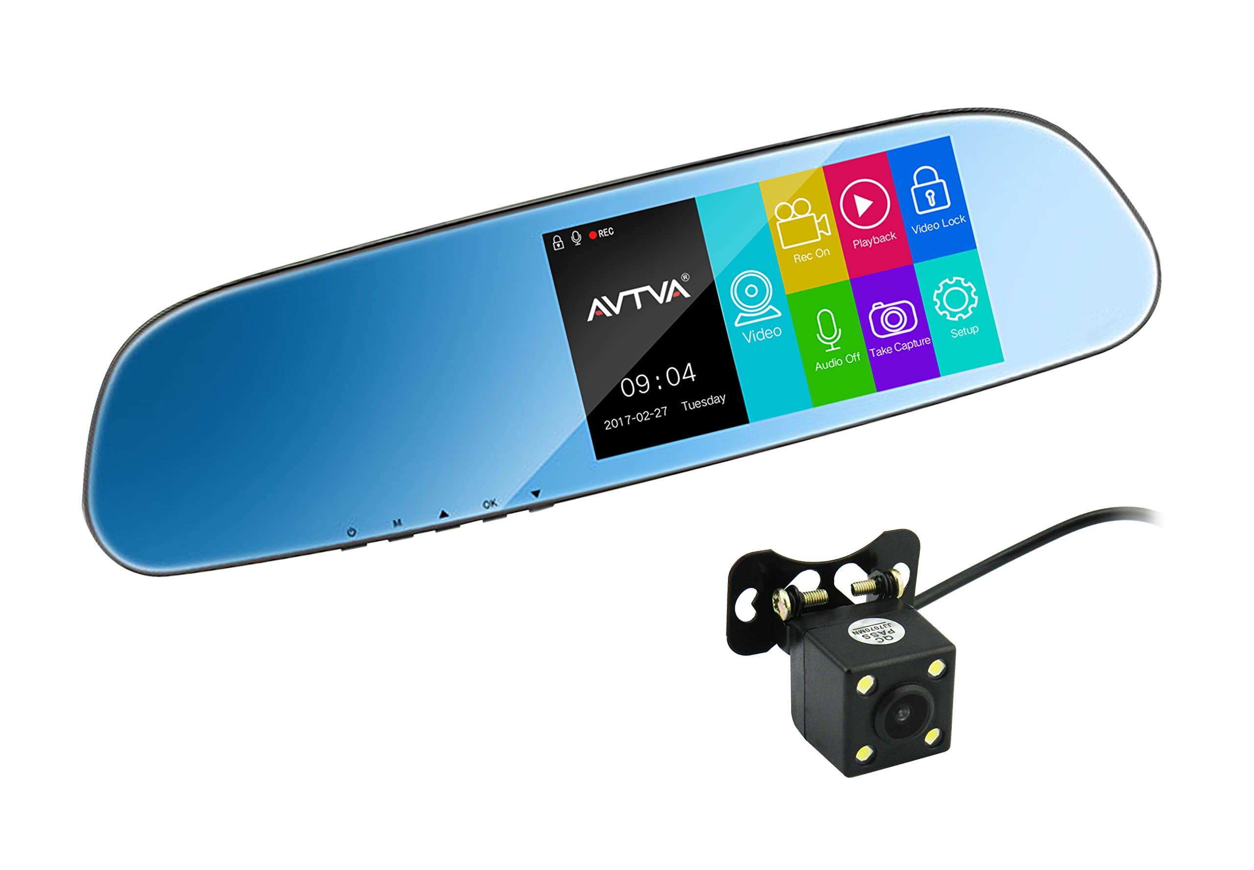 AVTVA AMK5-USA 5 inch IPS Touch Panel Rear View Mirror Dash Cam Mirror with Front Camera and Backup Camera 1080P Front and Rear IP 67 Waterproof Rear View Camera Universal mounting with 16G Micro SD