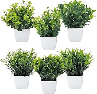 Dekorly Artificial Potted Plants, Artificial Plastic Eucalyptus Plants Small Indoor Potted Houseplants, Small Faux Plants for Home Decor Bathroom Office Farmhouse (Set 0F 6)