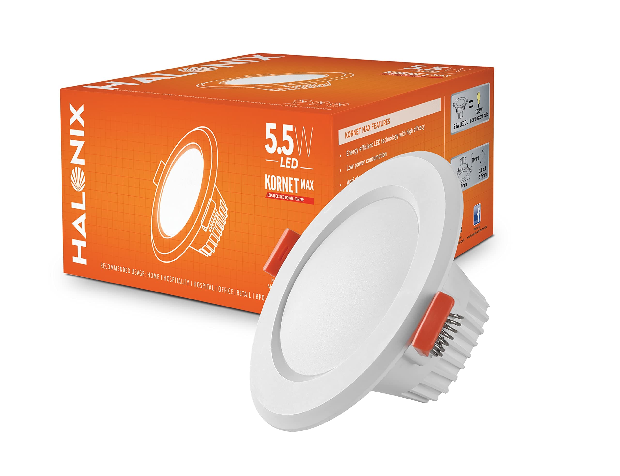 Halonix Kornet 5.5-Watt Concealed downlighter | Junction Box Downlighter | Cut Out- 3 inch | Surge Protection - Upto 4 KV (Pack of 1, White), Polycarbonate