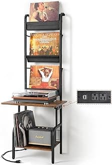 Record Player Stand with Power Outlet, Record Player Table with Vinyl Record Storage up to 200 Albums, Turntable Stand with Record Holder Vinyl Display Shelf, Record Player Cabinet Organizer Rack