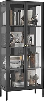 UNICOLY Glass Display Cabinet 4-Tier, Display Cabinet with Glass Doors, Curio Cabinet with Tempered Glasses Doors,Metal Storage Cabinets for Living Room, Plant, Assembly Required, Black
