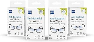 ZEISS Anti-Bacterial Lens Wipes, Lens Cleaner for Glasses, Cameras & Binoculars, Individually Packed Single Use Disposable Cloths in Sachets, Portable Spectacle Cleaning , 70% alcohol - 4 Packs of 30