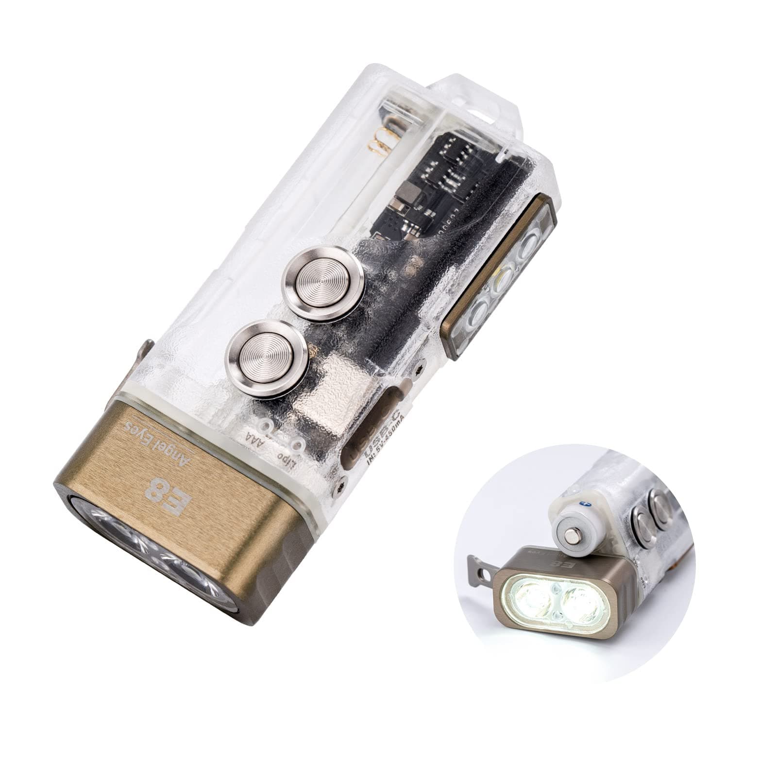 Angel Eyes E8 Keychain Flashlight, 700 Lumens, AAA Battery Compatible, USB C Rechargeable EDC Flashlight (365nm Blacklight/Red/White)