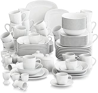 MALACASA 100-Piece Dinnerware Set Ivory White Porcelain Dinner Sets with 12 Piece Cups and Saucers/Mugs/Egg Cups/Cereal Bowls/Dinner Plates/Soup Plates/Flat Plates and 2 Sugar Pot/Milk Jug