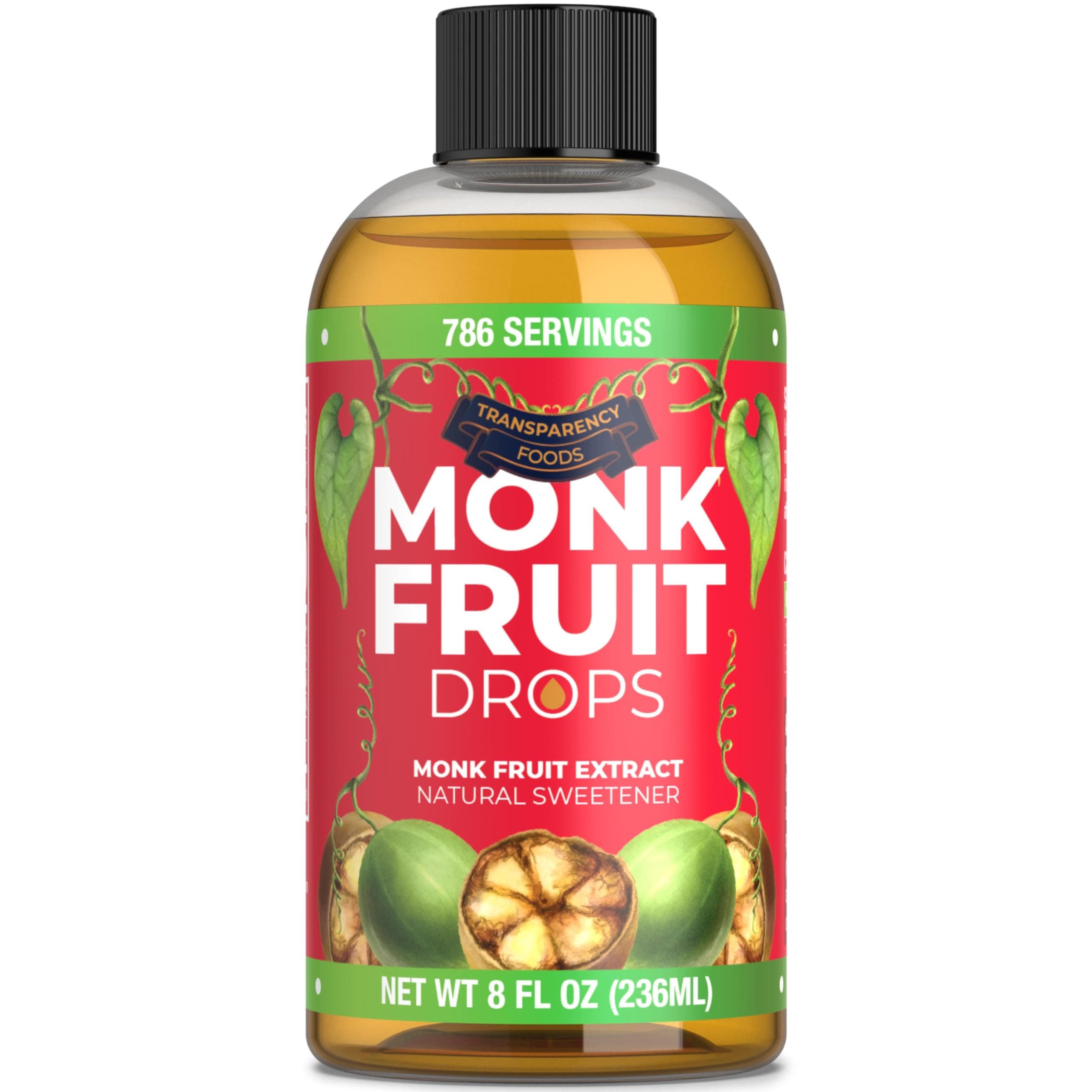 Monk Fruit Extract (6 Drops = 1 Tsp of Sugar) Zero Calories, Non-GMO, No Fillers - Liquid Monk Fruit Sweetener No Erythritol by Transparency Foods NEW FORMULA (8oz, 786 servings)