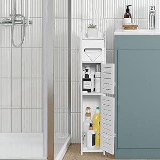 Storage Cabinet for Small Spaces, Over The Toilet Cabinet for Skinny Bathroom Storage Corner Floor, Slim Paper Holder with 2 Doors & Shelves (White)