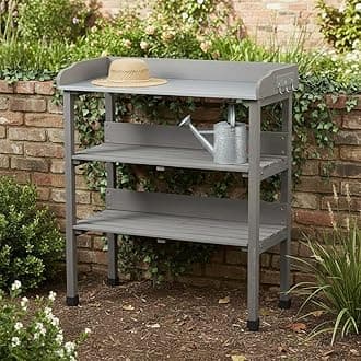 Potting Bench Table, All-Weather Garden Table Work Station, Wood Outdoor Potting Table for Garden, Yard, Balcony, Easy Assembly (Grey)