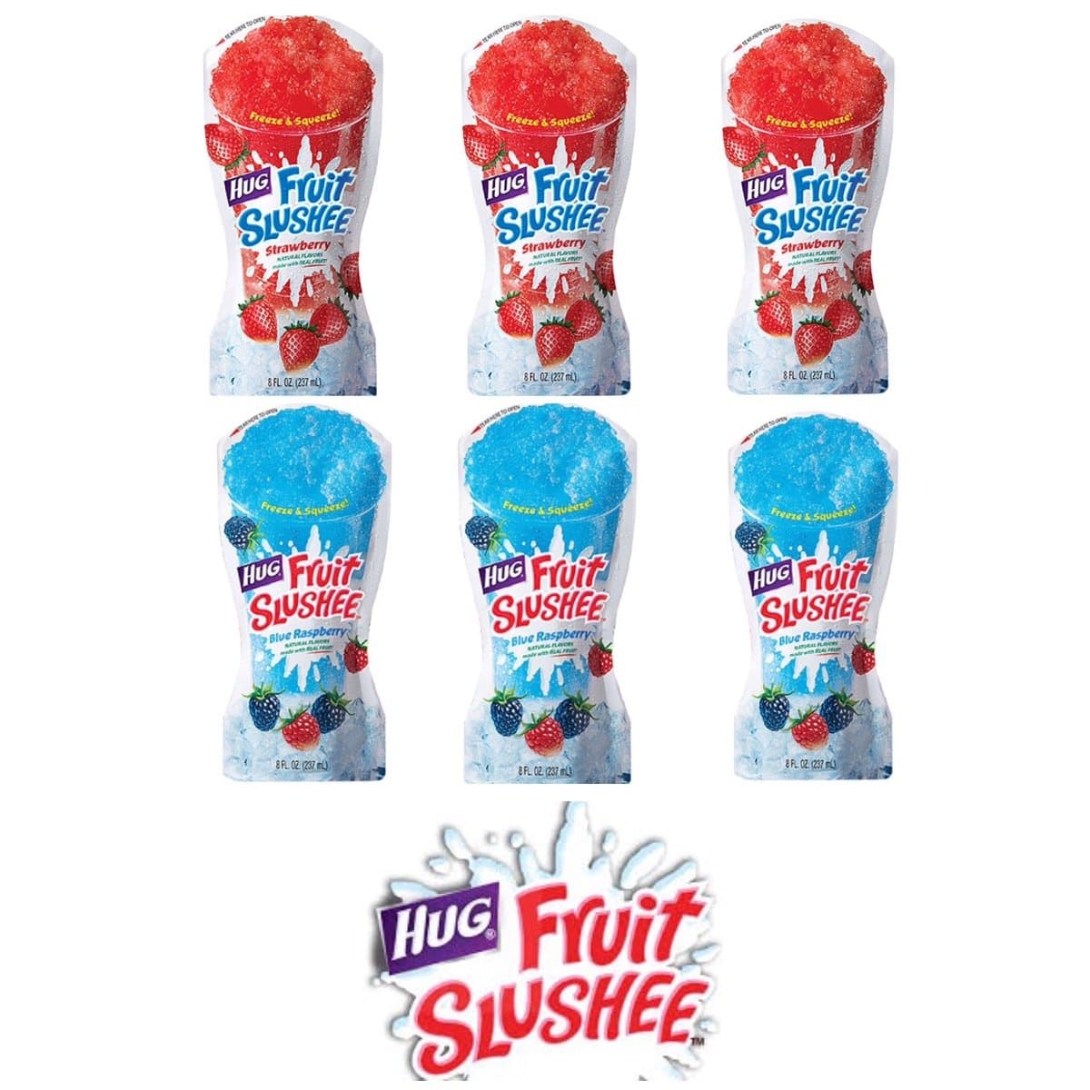 Fruit Slushee Variety (Pack Of 6) Three Blue Raspberry + Three Strawberry 8 Oz Pouches