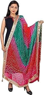PK HUB Women's Silk Jaipuri Rajasthani Bandhani Bandhej Heavy Dupatta with Gota Work and Latkan