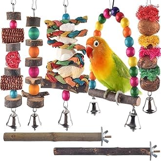 Bissap Bird Chew Toys, 7 Packs Parakeet Natural Wood Toys Parrot Hanging Cage Toy Perch Stand for Small Birds Conure Cockatiel Parrotlet Lovebird Budgie
