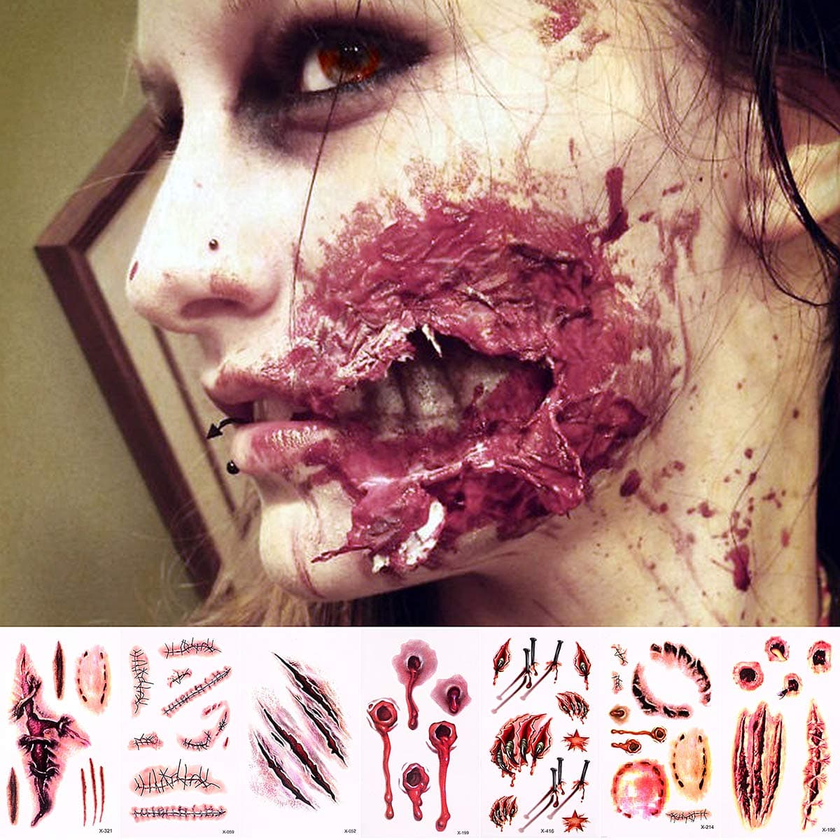 10 Sheets Halloween Scars Tattoos Stickers Temporary Tattoos for Temporary Prop Zombies Cosplay and Makeup Waterproof Sweatproof Terror Wound Injury Scar Blood Fake Tattoo