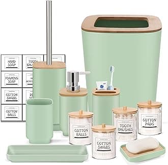 IMAVO Green Bathroom Set,10Pcs Plastic Gift Set,4 Qtip Holder Dispenser,Toothbrush Cup,Soap Dispenser,Soap Dish,Toilet Brush Holder,Trash Can,Toothbrush Holder with Labels