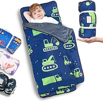 Primlect Thickened Toddler Nap Mat with Removable Pillow and Minky Blanket, Extra Large 55''x35'' Sleeping Bag, Washable, Roll up, Perfect for Daycare, Preschool, Kindergarten, Boys (Excavator)
