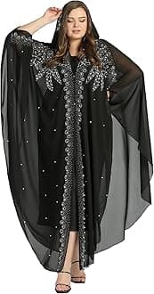Women’s Muslim Abaya Dress Batwing Sleeved Beaded Embroidered Maxi Kaftan Dress with Hooded Elegant Islamic Middle East Dubai Arabic Ramadan Kimono Robe Summer Dresses