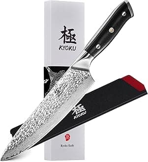 KYOKU Chef Knife - 8"- Shogun Series Japanese Style VG10 Steel Core Hammered Damascus Blade Kitchen Knife - with Sheath & Case
