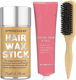 4-in-1 Styling Cream for Flyaways, Curl Defining & Shine – with Slick Back Boar Bristle Brush & Hair Wax Stick – Smooth Sleek Hair Tamer Set, Non-Greasy, for Women & Kids