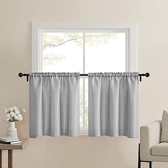 Home Queen Grey Waffle Bathroom Window Curtains, Short Water Repellent Rod Pocket for Small Kitchen Window, 36 W X 24 L Inch Each