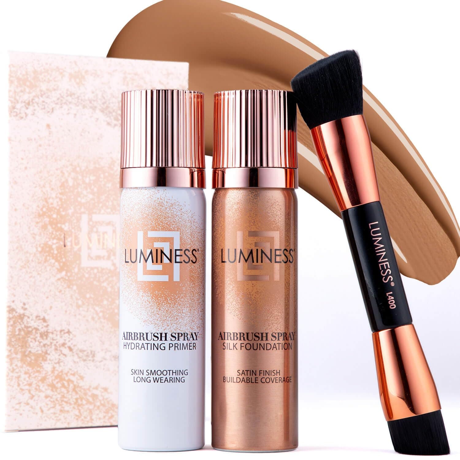 Airbrush Spray Silk Foundation Starter Kit - Light Tan - Foundation, Primer & Dual-Sided Angled Buffing Brush - Medium, Buildable Coverage, Anti-Aging Formula Hydrates & Moisturizes