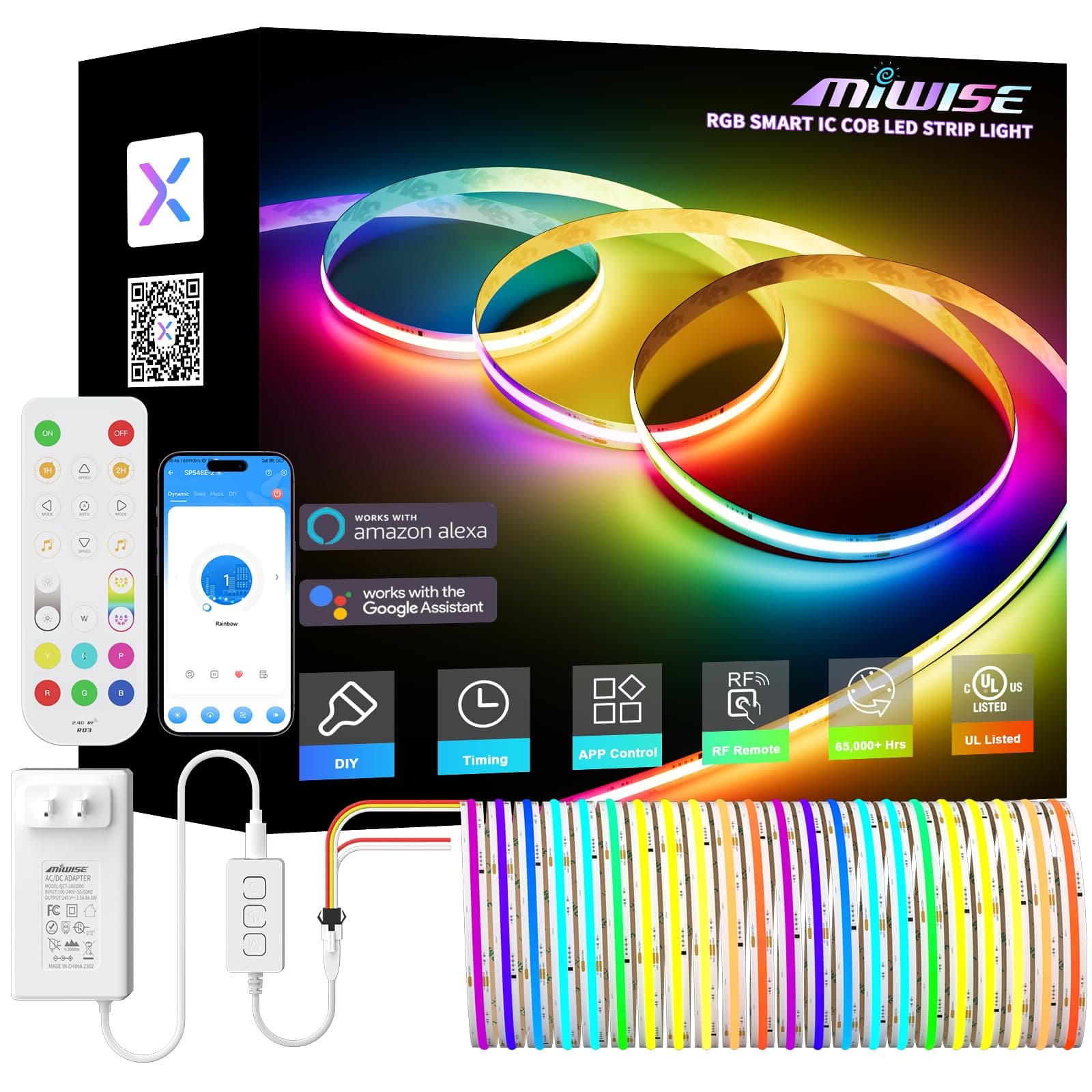 MIWISERGB Smart IC COB LED Strip Light,20ft Color Chasing Flexible LED Tape Light,WS2811 Addressable RGB Strip with APP Control/Music Mode,Work with Alexa/Google,for Party/Home DIY Lighting Projects