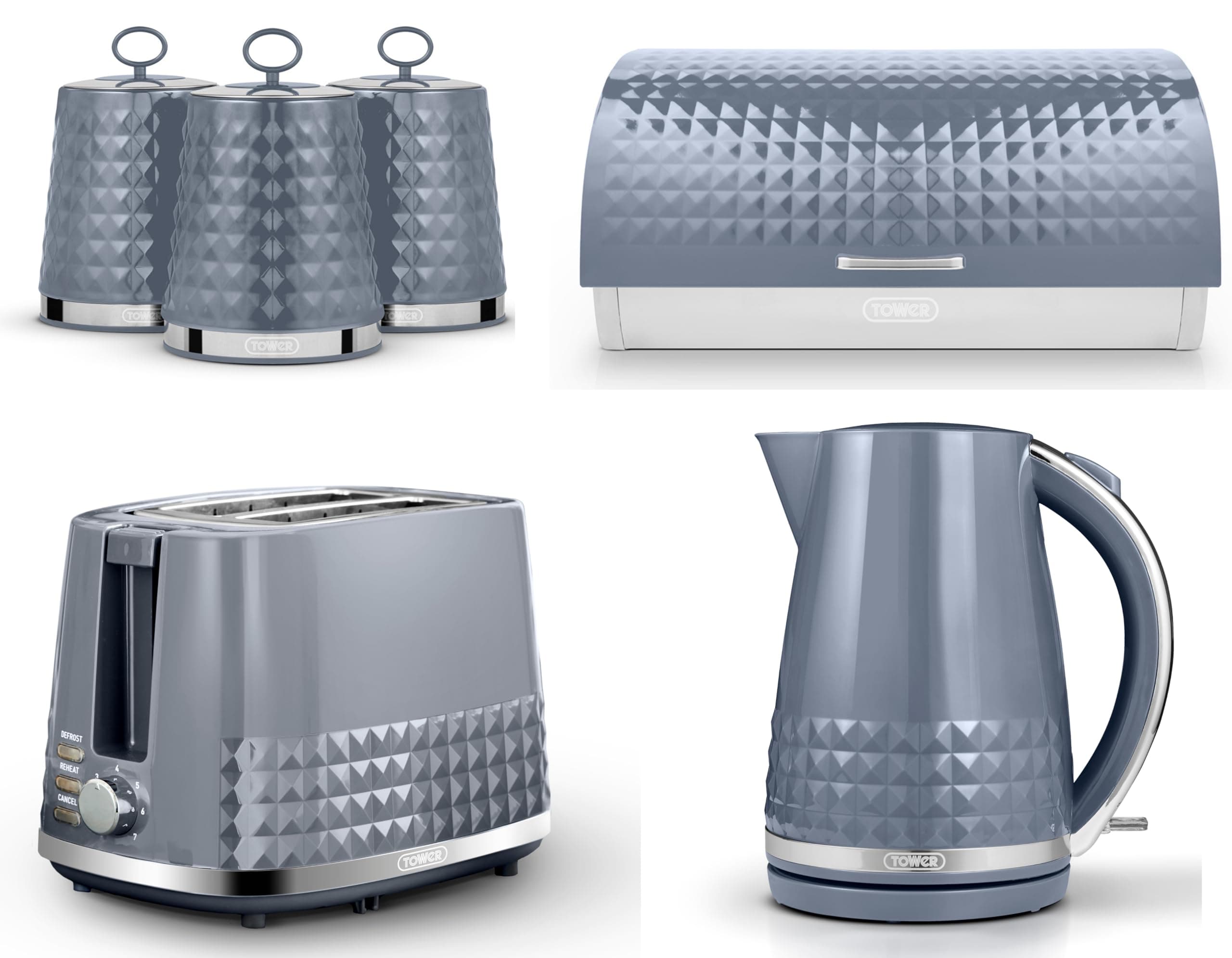 Tower Solitaire Grey 1.5L 3KW Jug Kettle, 2 Slice Toaster Bread Bin & Tea, Coffee, Sugar Canisters. Matching Contemporary Design Kitchen Set of 6 in Grey