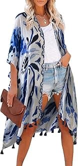 Moss Rose Women's Beach Cover up Swimsuit Kimono Cardigan with Bohemian Floral Print - blue - One Size