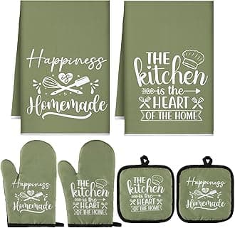 Sratte 6 Pcs Kitchen Decor Accessories Set Farmhouse Towels Pot Holders Oven Mitts Set 2 Dish Towels 2 Potholders 2 Cooking Mittens Oven Glove for Christmas Baking Cooking Supply(Green,Kitchen)