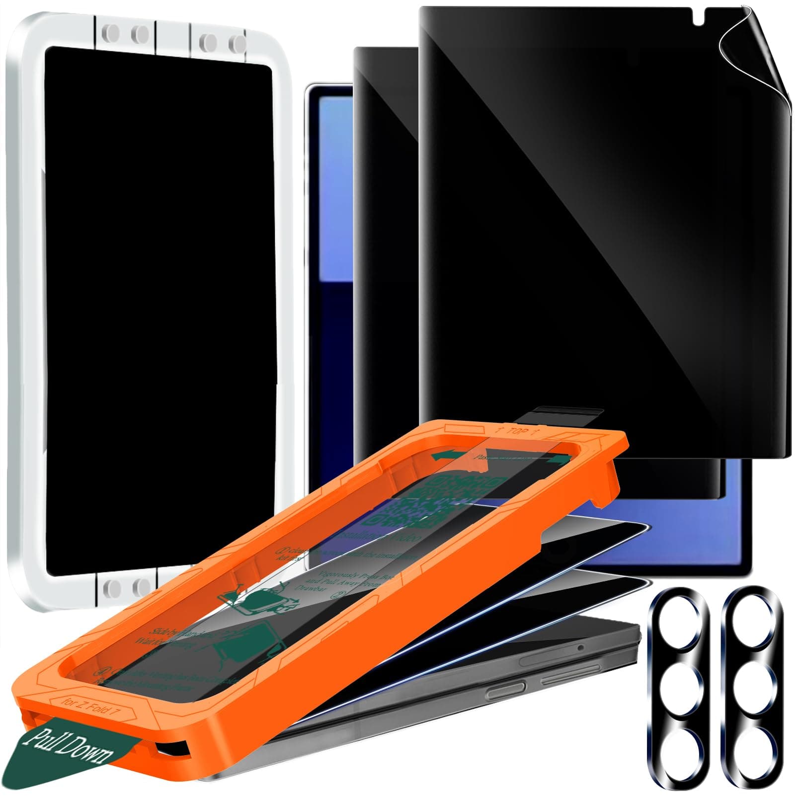 IMBZBK [Auto-Dust Removal] 2 Pack Privacy Screen Protector for Samsung Galaxy Z Fold 7, 2 Inside Anti-Spy Film + 2 Front Tempered Glass + 2 Camera Lens Protector Accessories with Installation Frame