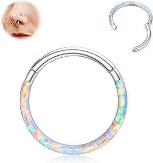 BodyBonita Hinged Opal Nose Rings Hoops - 16G/18G/20G 316L Surgical Steel Hinged Hoop Nose Rings for Women Septum Rings Conch Piercing Jewelry Helix Daith Cartilage Earrings Purple/Pink/Blue/White
