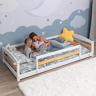 Ocodile Twin Size Floor Bed with Safety Guardrails for Kids, Montessori Floor Bed with 2 Openings, Twin Bed Frame for Girls and Boys (White)