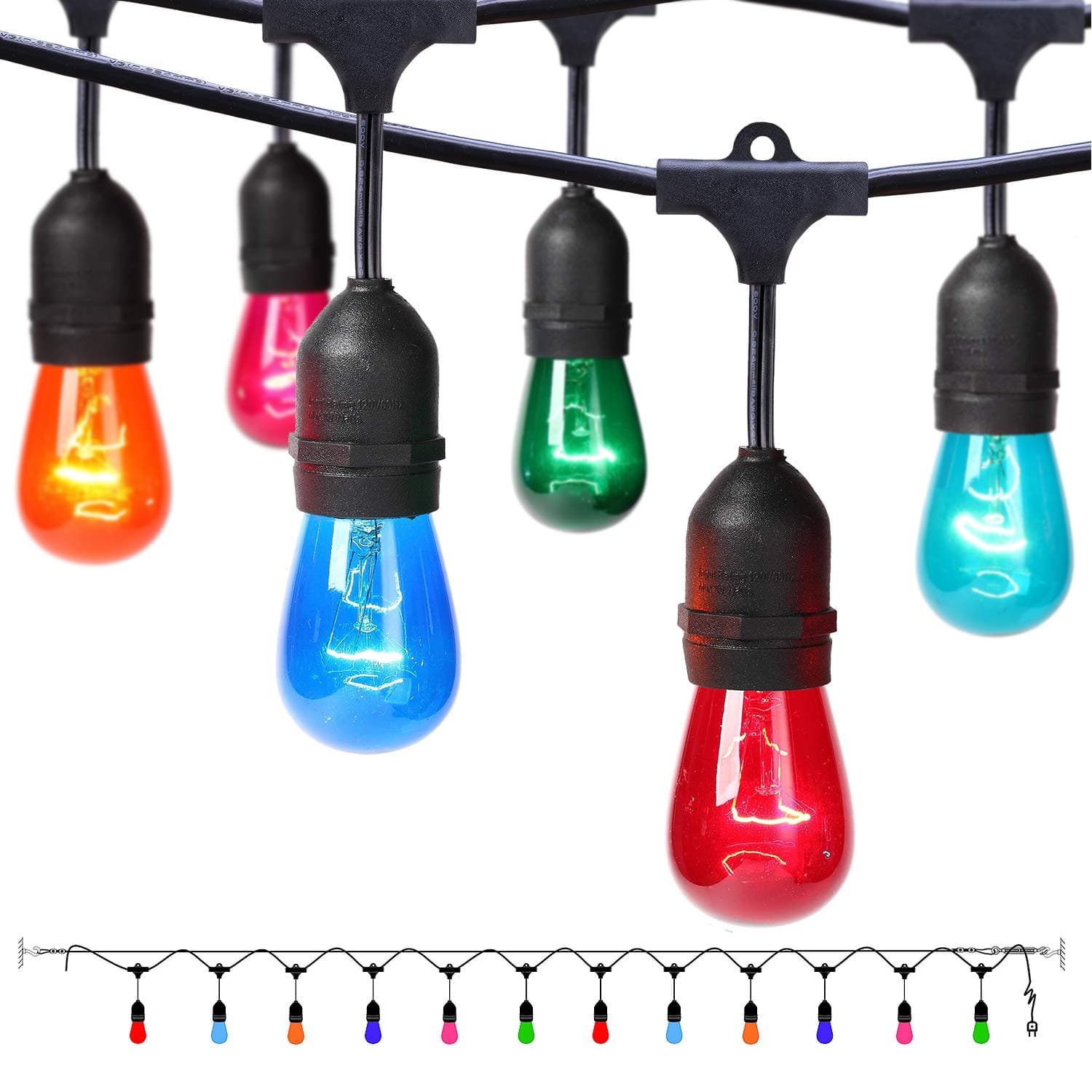 Outdoor String Lights with Colored Bulbs, 24ft Patio Lights, 12 Sockets and 15 Multicolor S14 lightbulbs, Waterproof and Connectable, Ideal décor lights for Christmas Wedding Party Deck Cafe Camping