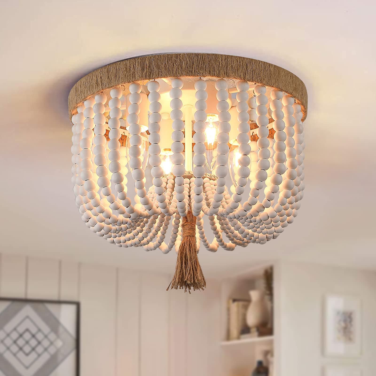 Beaded Light Fixture Flush Mount Ceiling Light White Bohemia Antique Farmhouse Wood Boho Chandelier for Kitchen Island Bedroom Dining Room Entryway Hallway,4-Light
