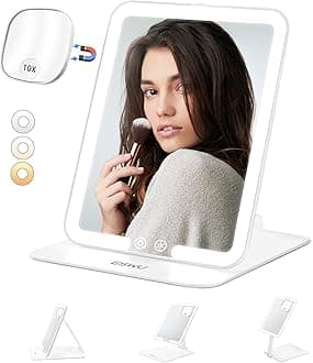 ESWU Travel Makeup Mirror with Light, Portable Folding Make Up Tabletop Mirror with 10X Magnifying Mirror Rechargable 3 Colors Light Compact Vanity Mirror with Adjustable Stand (White)
