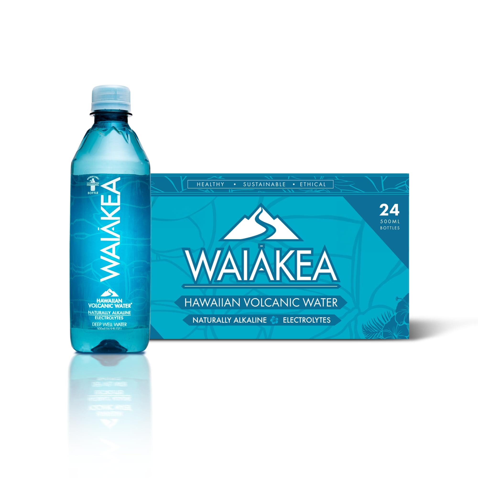 Waiakea Hawaiian Volcanic Water, Naturally Alkaline, 100% Oceanplast Recycled Bottle, 500ml - Pack of 24