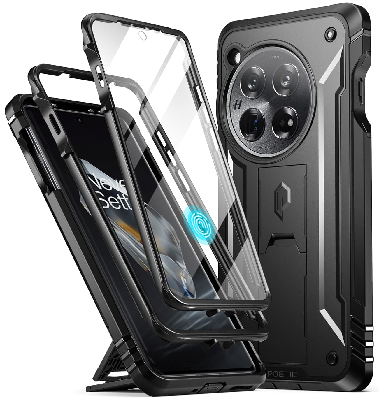 Revolution Case Compatible with OnePlus 12 5G (2024), Built-in Screen Protector 【Work with Fingerprint ID】, Full Body Rugged Shockproof Protective Cover Case with Kickstand, Black