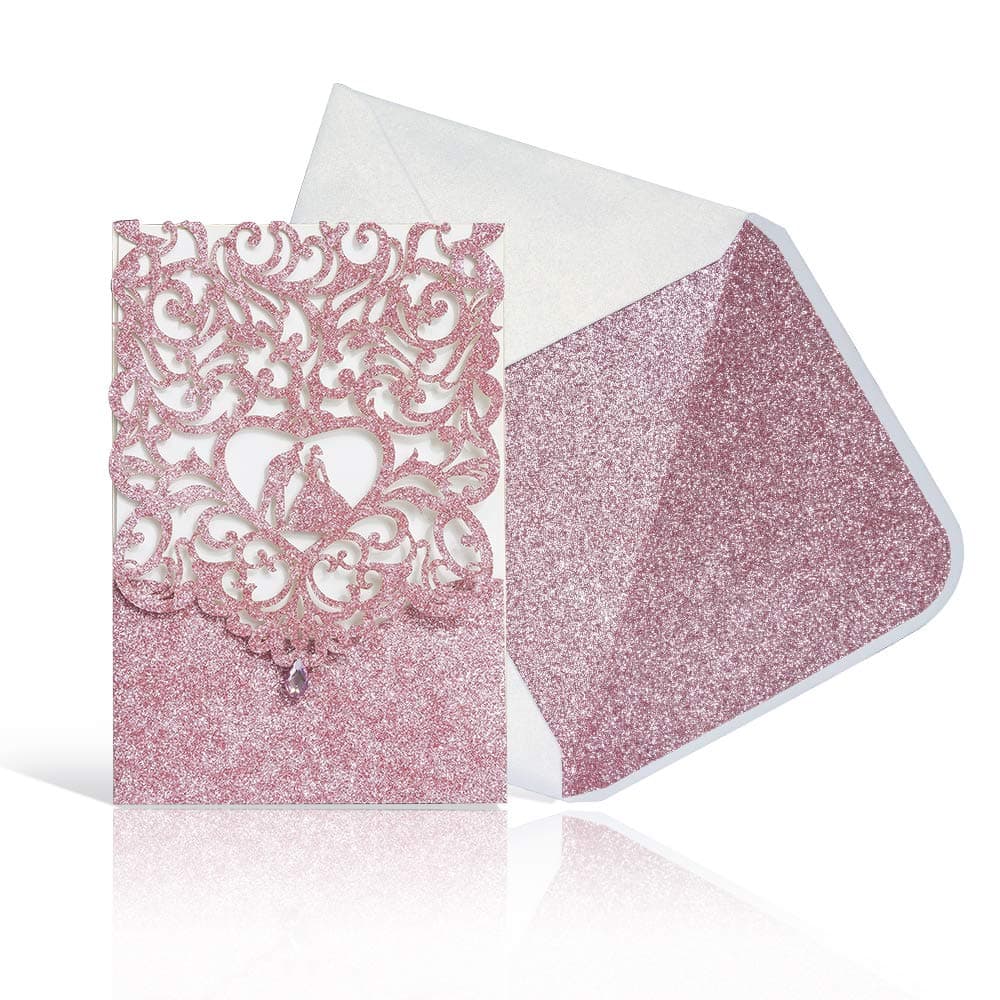 Laser Cut Wedding Invitations With Envelopes With Blank Printable Paper -25pcs Pink Glitter 4.7'' x 7' Wedding invites Cards With Rhinestone kits,White+Pink Glitter Envelopes for Wedding Bridal Shower