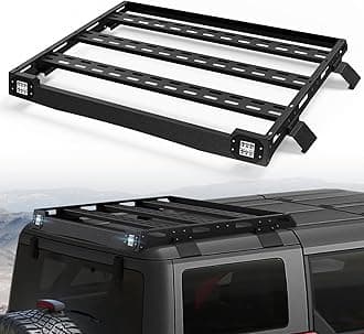 Bronco Half Short Roof Rack Rear Cargo Basket with 2 Led Light Bar Compatible for 2021 2022 2023 2024 2025 Ford Bronco Hardtop 4-Door (Excluding Sport), Rooftop Storage Carrier Luggage Rack